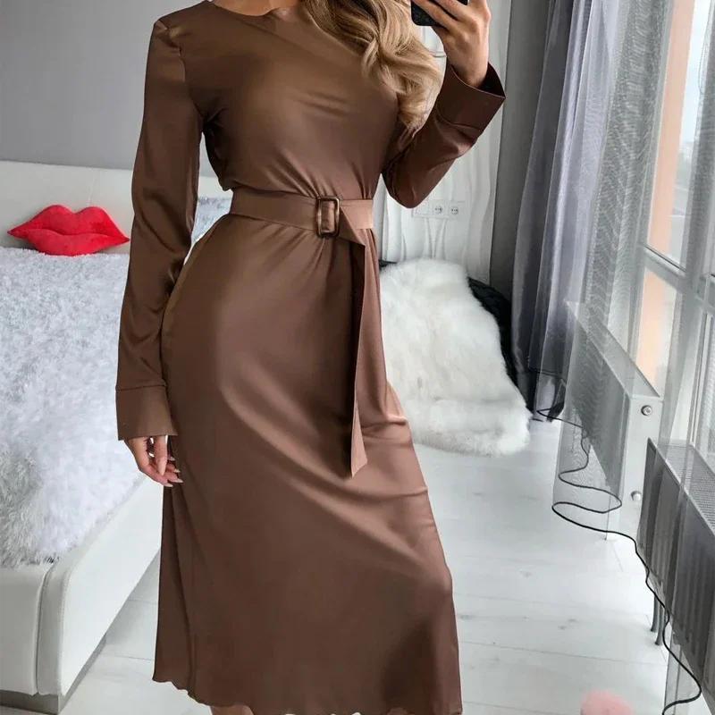 

OL Elegant Maxi Long Vestidos Women Summer Dress Satin Straight Midi Party Club Belt Dress Fashion Bandage Bodycon 2023 Spring