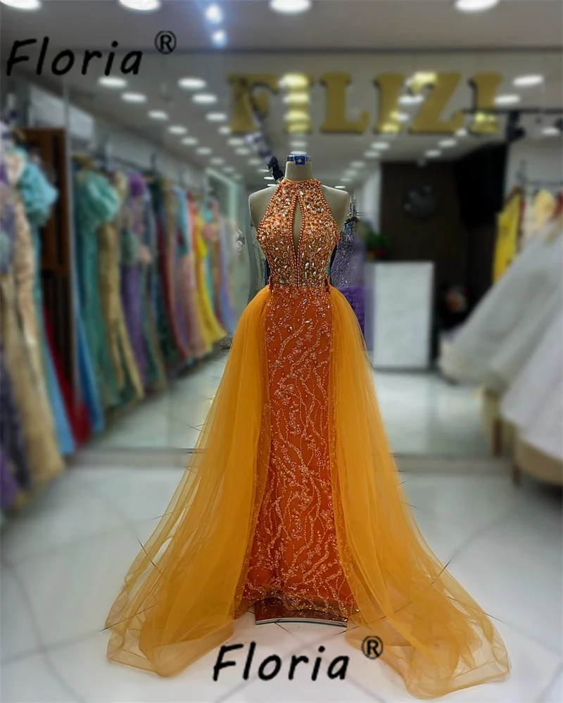 Robe de Soirée Orange Élégante de Luxe avec Perles et Paillettes, Tenue Éducative avec Jupe Amovible pour Célébrité et Mariage