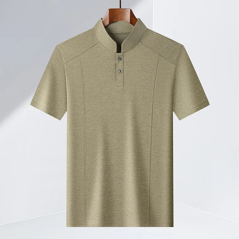 

Mens Mandarin Stand Collar Raglan Perforated Shoulder Two Button Henley Short Sleeve Polo Shirts Breathable Summer Business Tops