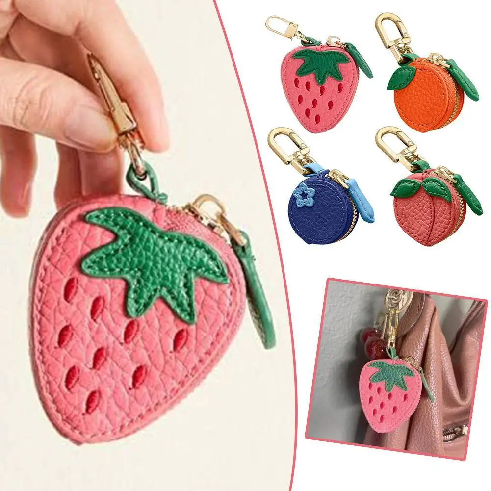 Cute Fruit Shape Leather Coin Purse Mini Zipper Earphone Bag Keychain Pendant Wallet for Women Girls Gift