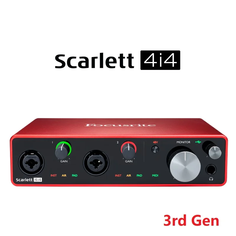 بطاقة الصوت Focusrite Scarlett 4i4 واجهة الصوت الثالثة أربعة مدخلات خطية متوازنة لتوصيل أجهزة التركيب وآلات الطبل