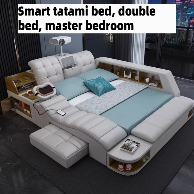 

150x200cm King Size Queen Bed Frames Full Wood Headboard Storage Double Bed Massage Multifunction Twin Luxury Bedroom Furniture