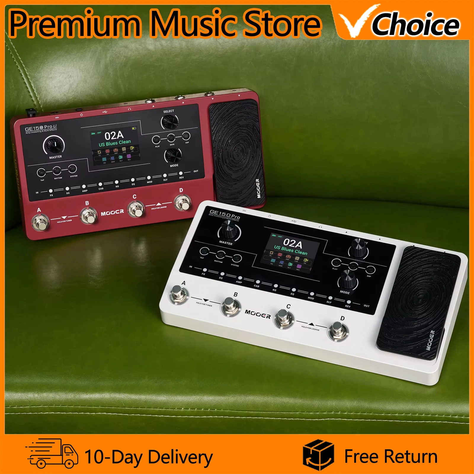 

Гитарная педаль эффектов MOOER GE150 Pro/Pro Li с моделированием усилителей, встроенным аккумулятором на 9 часов и 4 ножными переключателями, IR-лодер.