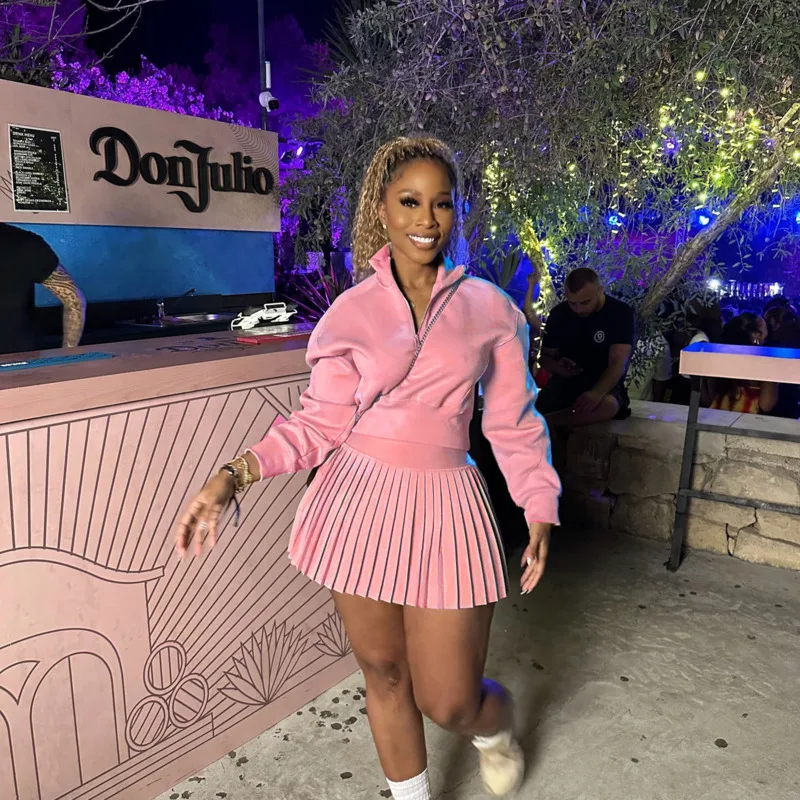 Fashionable Zippered Polo Collar Sweatshirt Elegant High-waisted Pleated Mini Skirt Casual Sportswear Set Solid Color Clothing