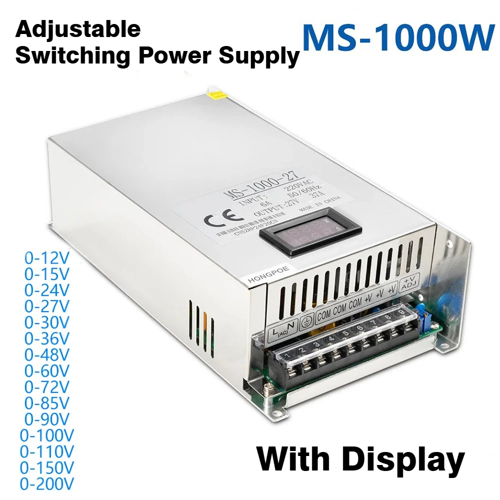 1000W Adjustable Switching Power Supply 0-12V 15V 24V 27V 36V Variable Power Supply 40V 48V 55V SMPS 60V 80V 90V 100V 110V 220V