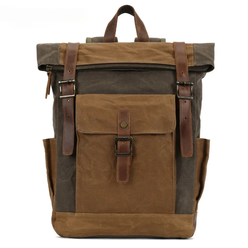 Wax Canvas Backpack genuine leather Outdoor Hiking Bag Waterproof Crazy Horse Leather Men's Bag