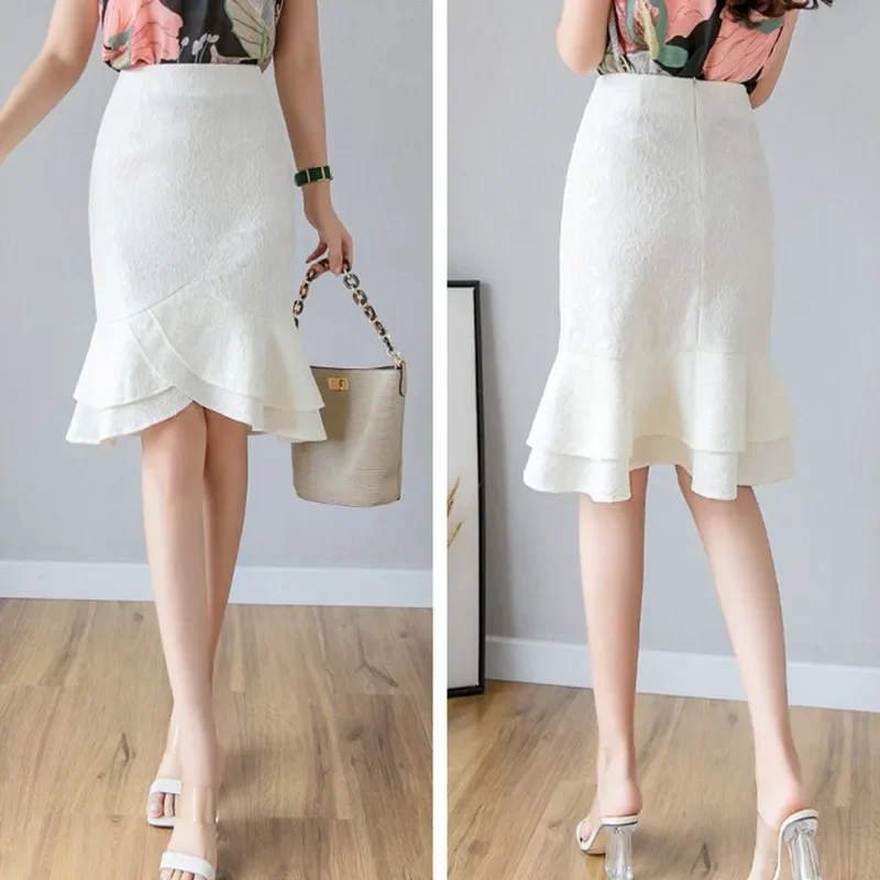 SEXMKL Oversized White Lace Skirt Women 2024 Summer High Waist Black Skirts Sexy Office Lady Ruffles Pencil Skirt Jupe Femme