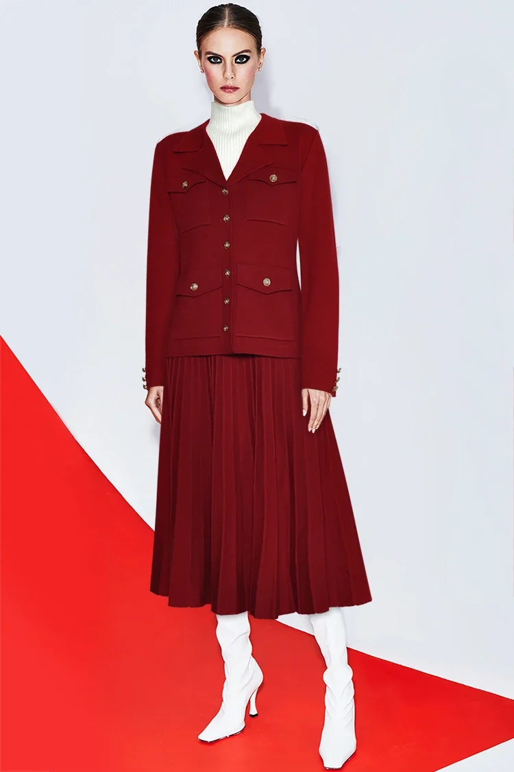 

Fashion Designer Autumn Winter Red Knit Skirt Suit Women Single Breasted Long Sleeve Shirt Matching Midi Skirt Two Piece Outfits