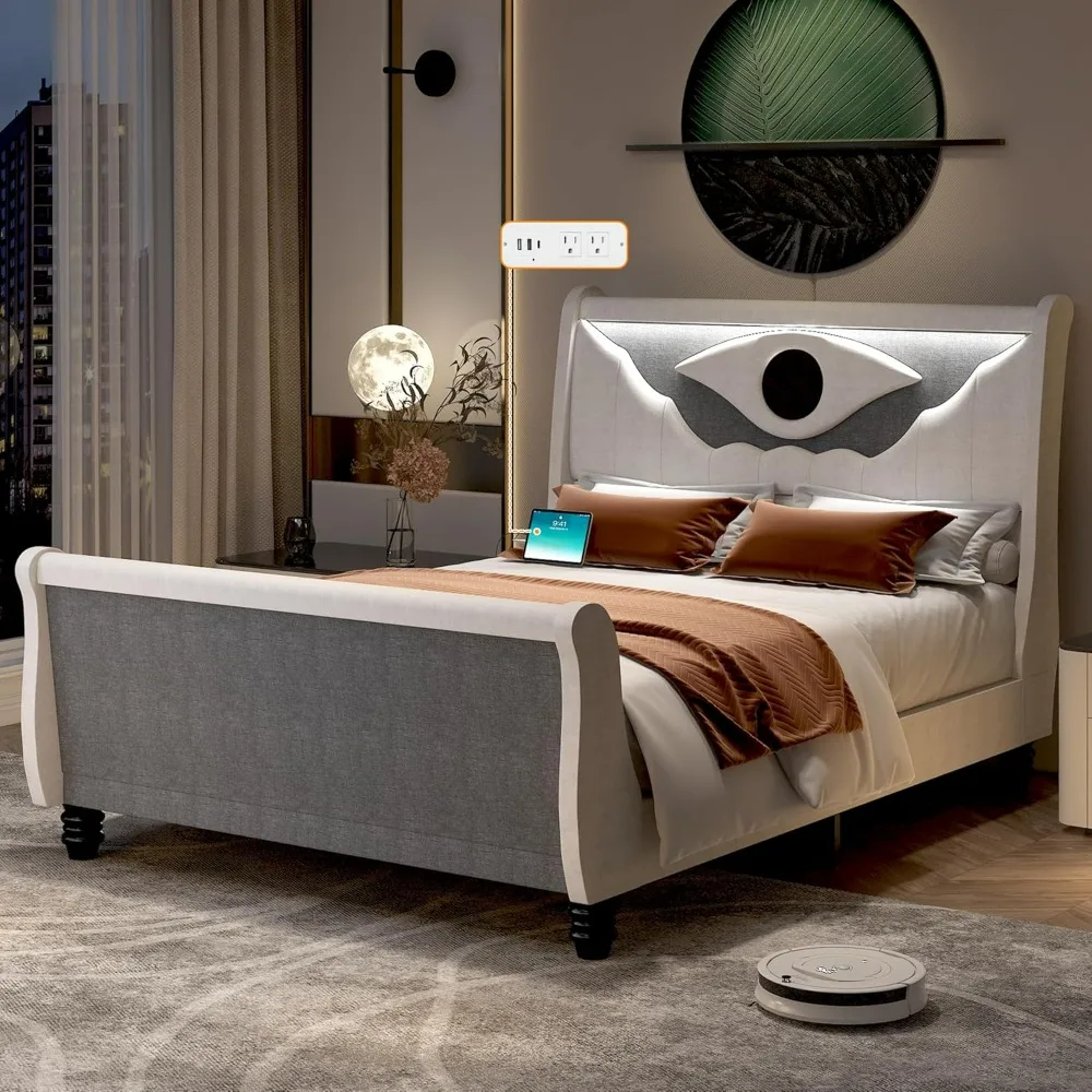 

Wood Queen Size Sleigh Bed Frame with Power Outlet, Footbaord,12 Wood Slats Support, LED Lights, 52" H Headboard Upholstered Bed