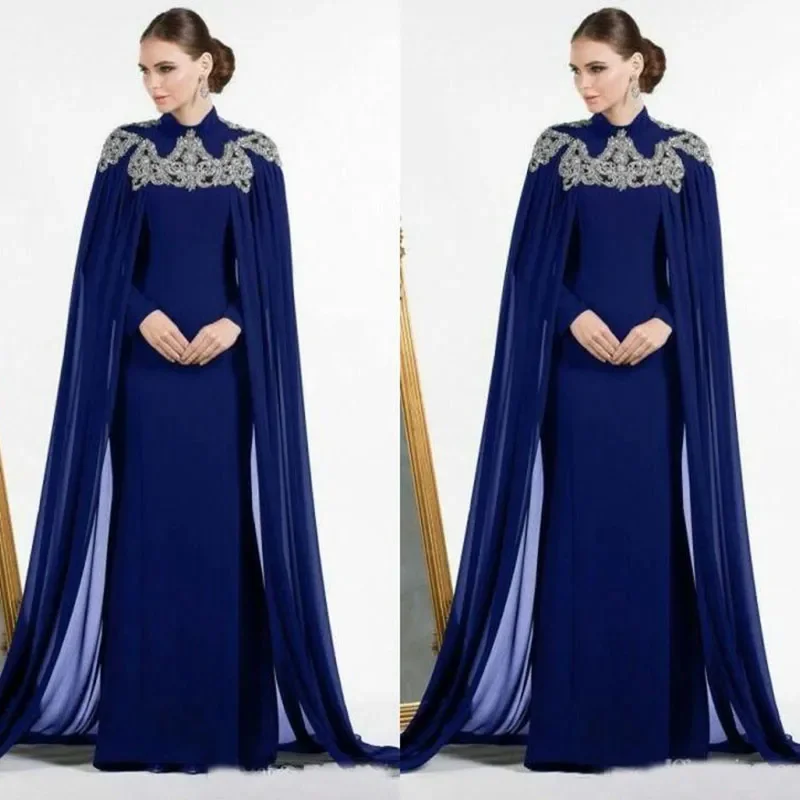

Customized Arabic Dark Blue Dubai Evening Dresses With Cape Beaded High neck Fitted Mermaid Long Prom Dress Long Sleeve Morocco