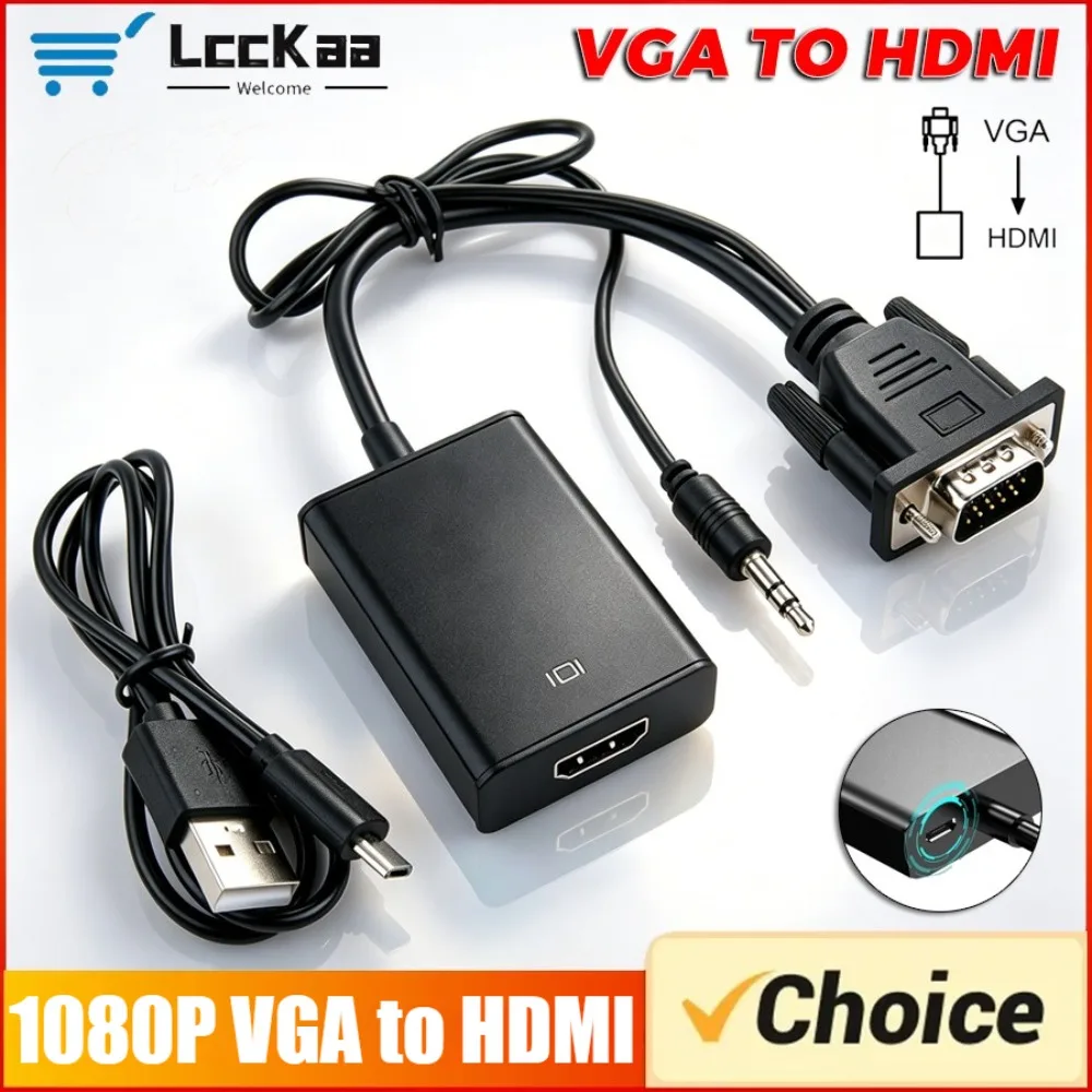 VGA To HDMI-Compatible Adapter 1080P VGA Male To HDMI Female Converter with 3.5mm Audio Cable for Computer Laptop TV Projector