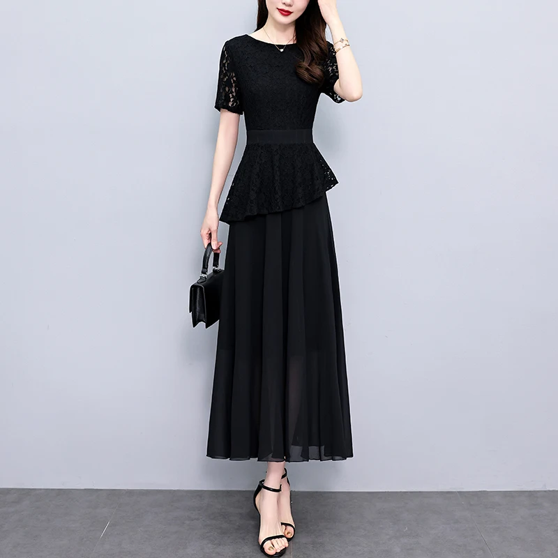 Women Black Long Dresses Summer Female O Neck Bat Short Sleeve Large Size ​Elegant A Line Casual Chiffon Lace Patchwork Vestidos