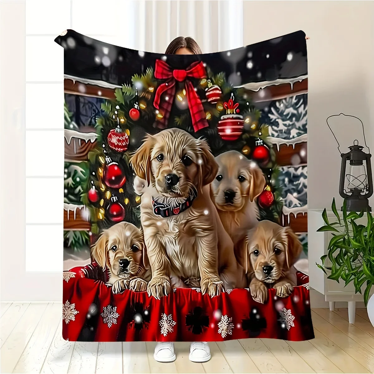 1pc Fluffy Throw Blanket, Christmas Golden Retriever Puppies Print, Warm Blanket for Sofa Bedroom, Camping Decor Gift