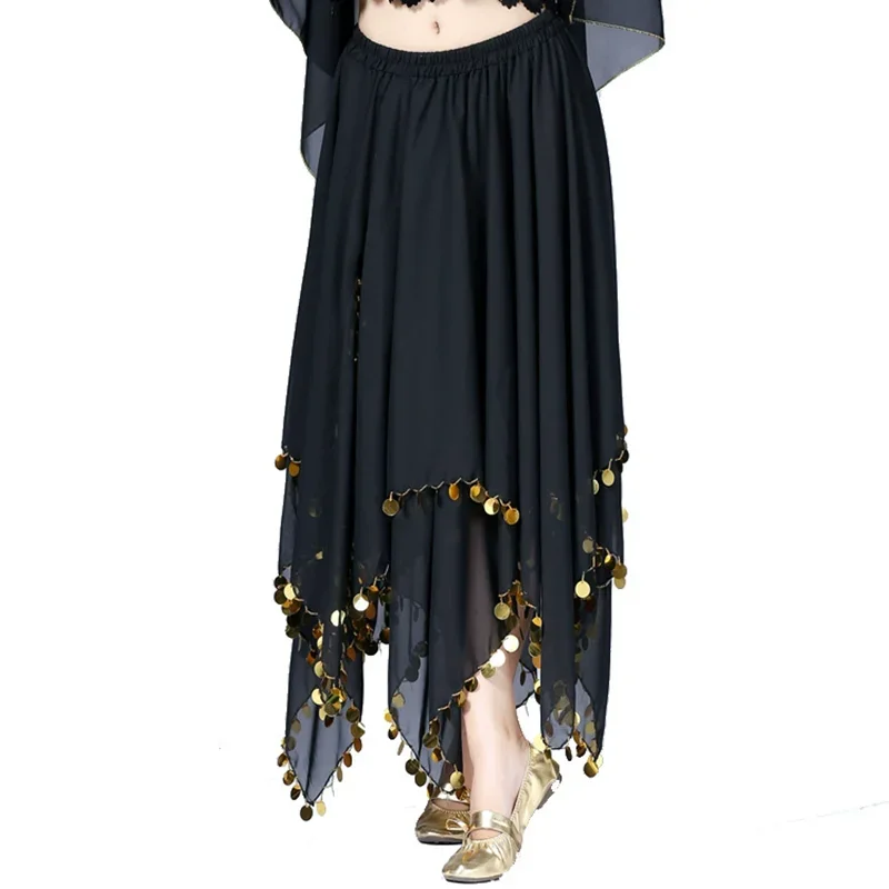 Women Dance Wear Indian Dance Carnival Skirts Belly Dance Petal Skirt with Sequin Trim Gold Coins Classic Chiffon Skirt