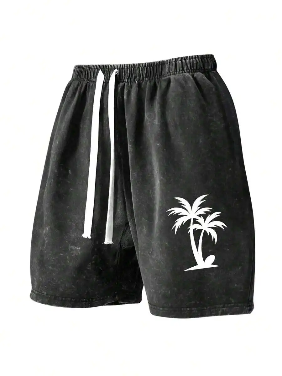 

290G Cotton Mens Washed Shorts Elastic Waist Casual Beachwear Black