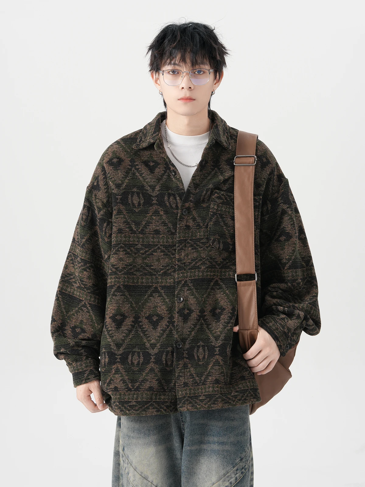 2025 Spring and Autumn New Men's Retro Printed Brown Shirt Jacket Loose Casual Turn-down Collar Wine Red Pink Jacket