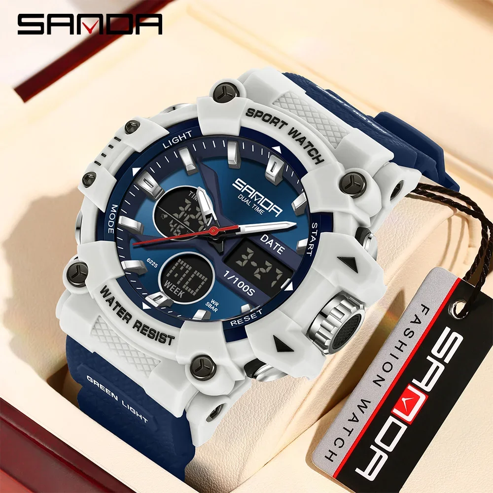 SANDA 6225 New Hight Quality Men Watch Sport Fashion Analog Digital Wristwatch TPU Strap Man Date Week Waterproof Watches 2024