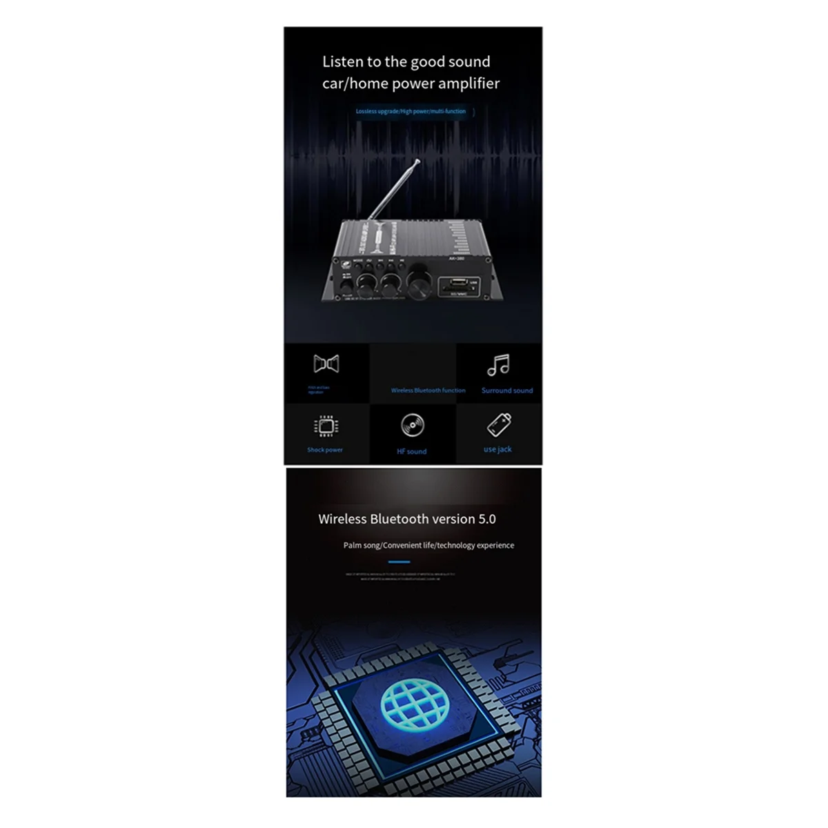 A93P AK380 Bluetooth Amplifier HiFi Audio Karaoke 2 Channel Home Theater Amplifier Power Class D Amplifier USB SD AUX Input