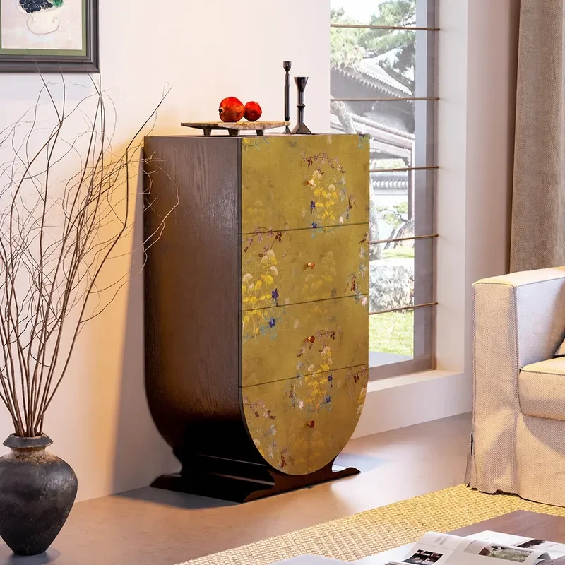 Chinese Style Solid Wood Chest Cabinet Living Room Locker Household Dining Side Cabinet Entrance Golden Flower Storage Locker