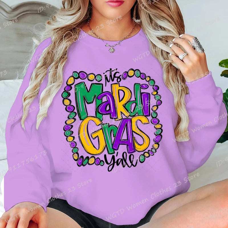 Felpa senza cappuccio alla moda da donna Top divertenti It's Mardi Gras Y'all Stampa Pullover girocollo da donna Pullover casual in puro colore