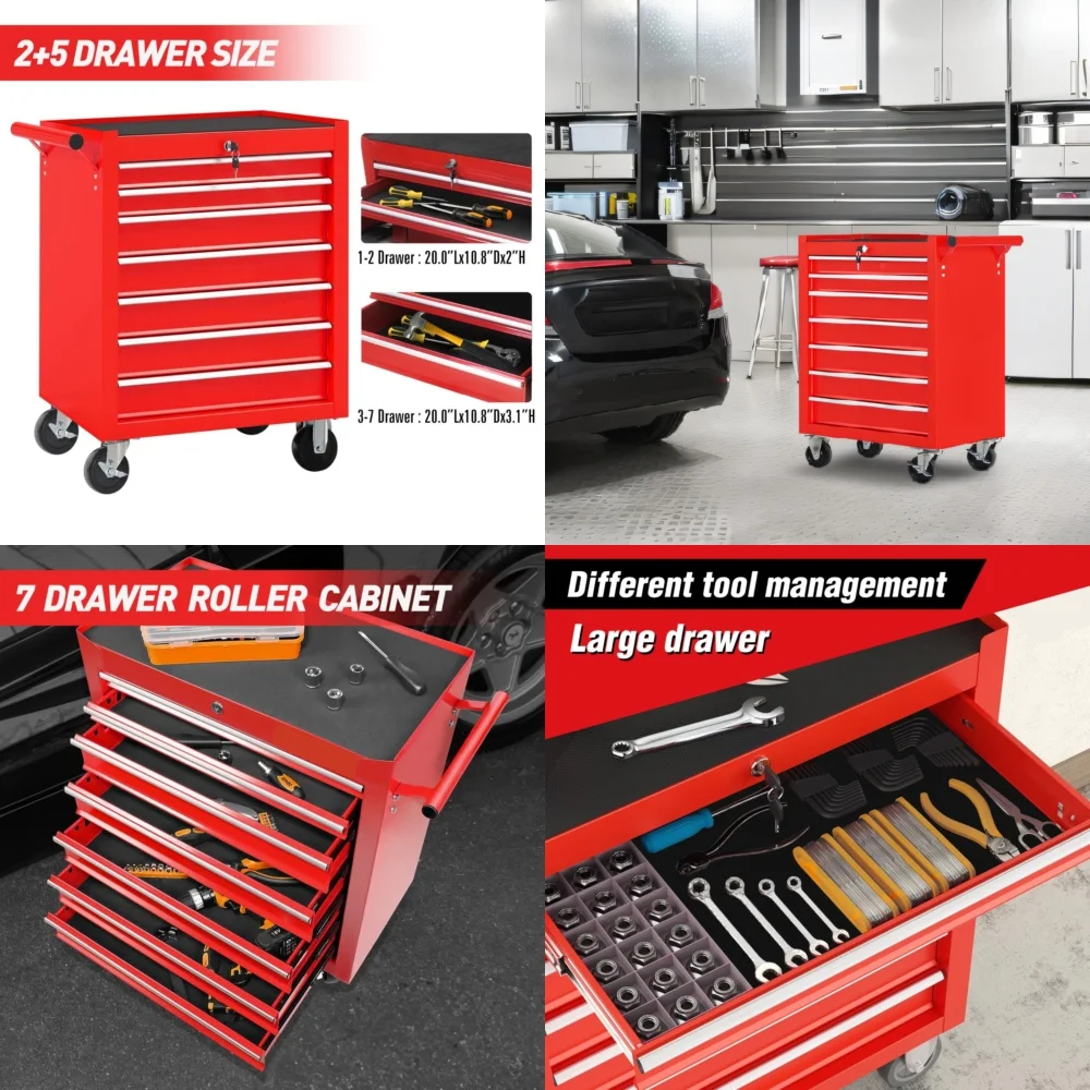 صندوق الأدوات، صندوق أدوات ذو 7 أدراج مع عجلات، خزانة تخزين متعددة الوظائف لمرآب ورشة العمل والاستخدام المنزلي