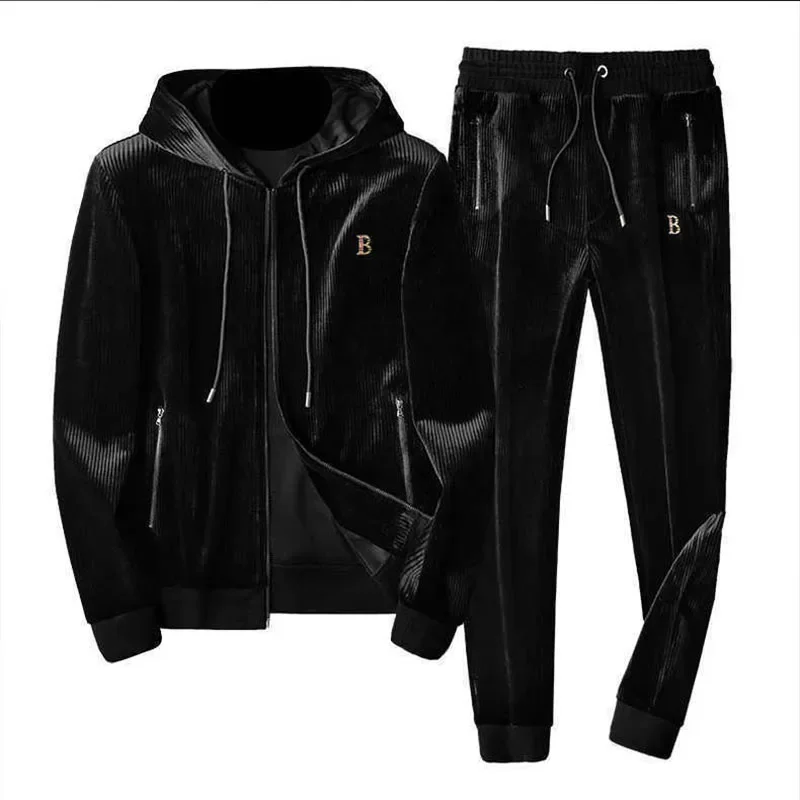 2024 nidye High end Leisure Sports Hooded Set Men\'s clothing Gold Velvet Two piece Set Loose Autumn and Winter New Men\'s Wear