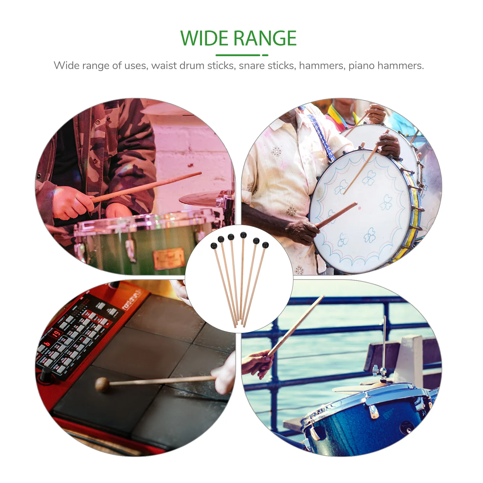 

6Pcs Percussion Instrument Marimba Rods Wooden Rubber Mallets Durable Lightweight Clear Sound Professional Hammer Sticks