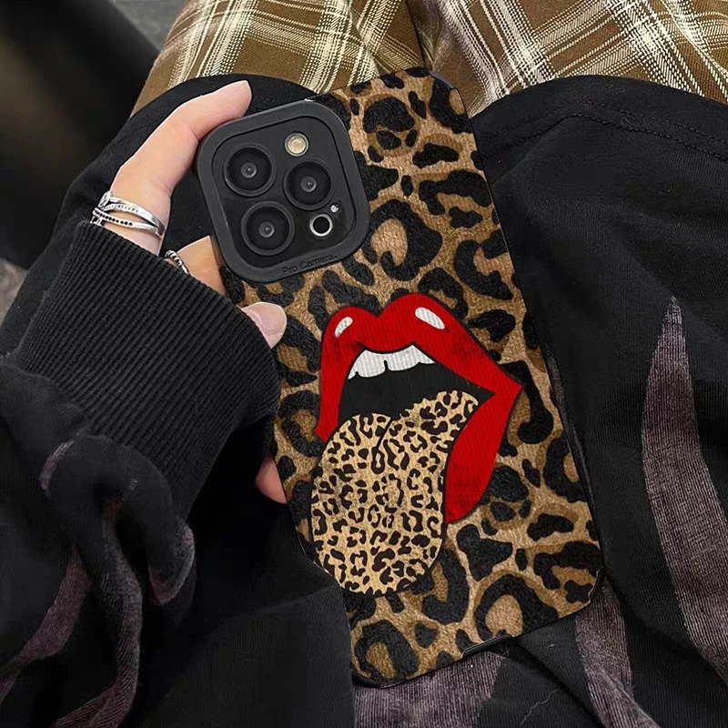 Fashion Hot Red Lip Leopard Print Case For iPhone 15 Pro Max 11 12 14 13 Mini 7 8 Plus X XS XR Female Big Tongue Silicone Cover