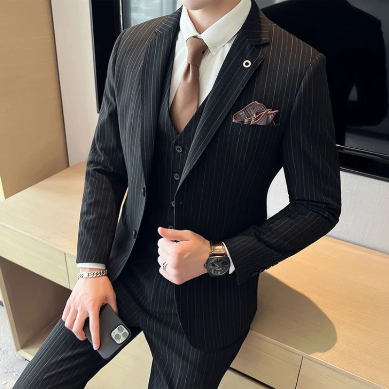 

（Jacket+vest+pants) Men's Clothing Classic Vertical Stripe Slim Business Formal Wear Suit Men Swallow-tailed Coat Wedding Dress