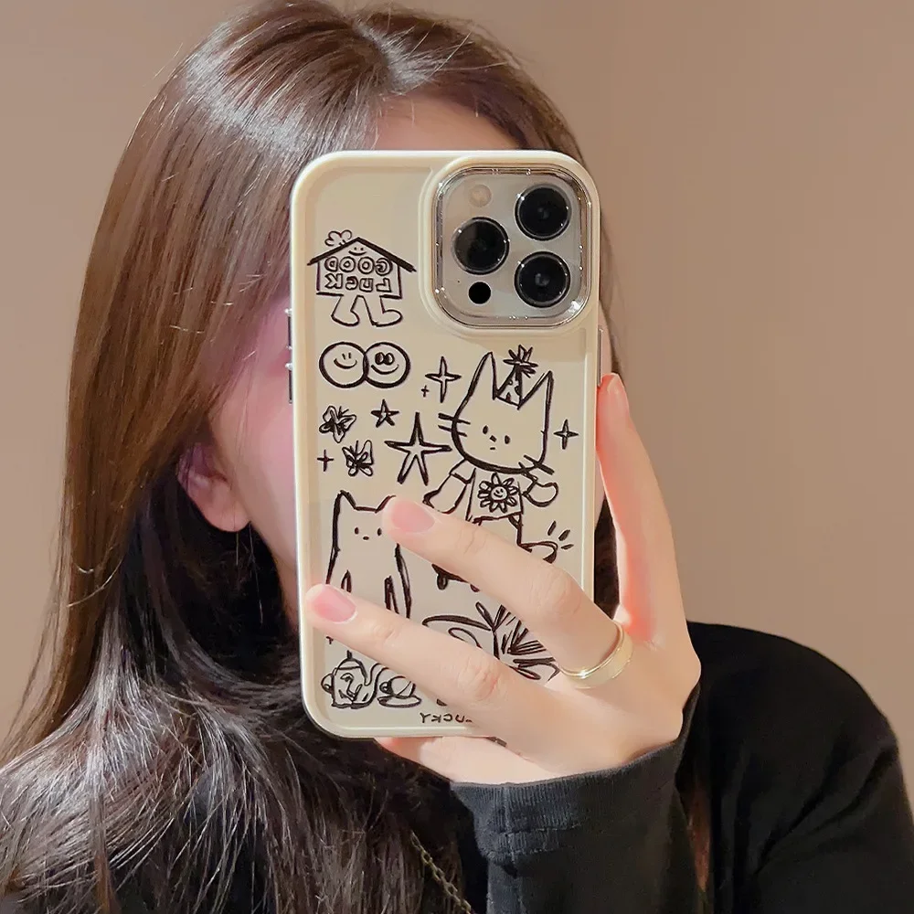 Catoon Hand Drawn Line Draft Cat Phone Case for IPhone16 15 14 12 13 11 Pro ProMax Plus X XR Shockproof Phone Cover