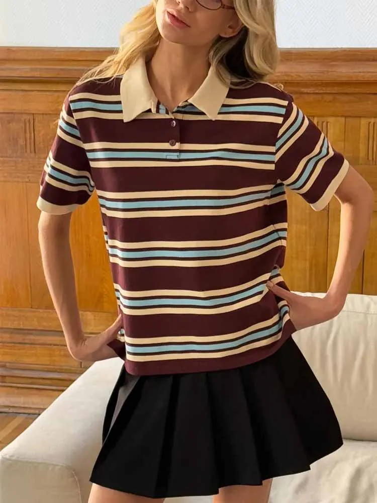 

BKQU Повседневная полосатая футболка женская с воротником-поло, свободные винтажные контрастные пуловеры с короткими рукавами, лето 2025, хлопковые мягкие укороченные топы Y2K