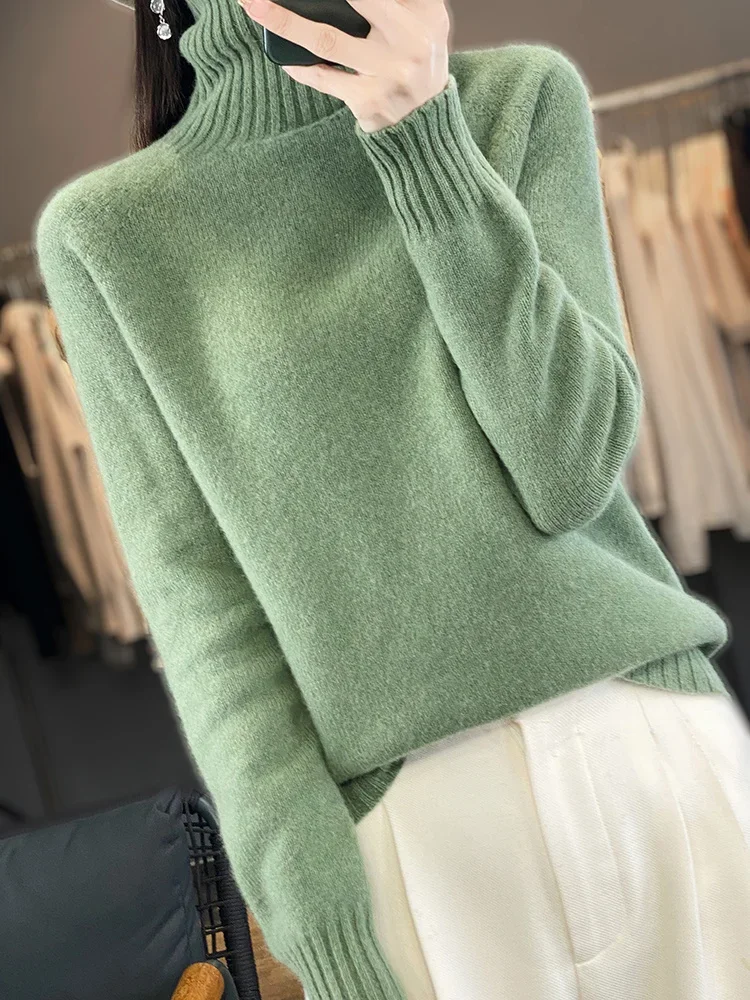 Merino Wool Turtleneck Thick Pullover for Women Casual Simple Autumn Winter Knit Top