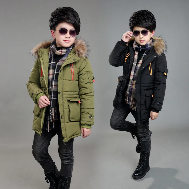 2023 New Big Size Keep Warm Winter Boys Jacket 3-14 Year Fur Collar Thick Hooded Outerwear For Kids Children Outdoor Windbreaker