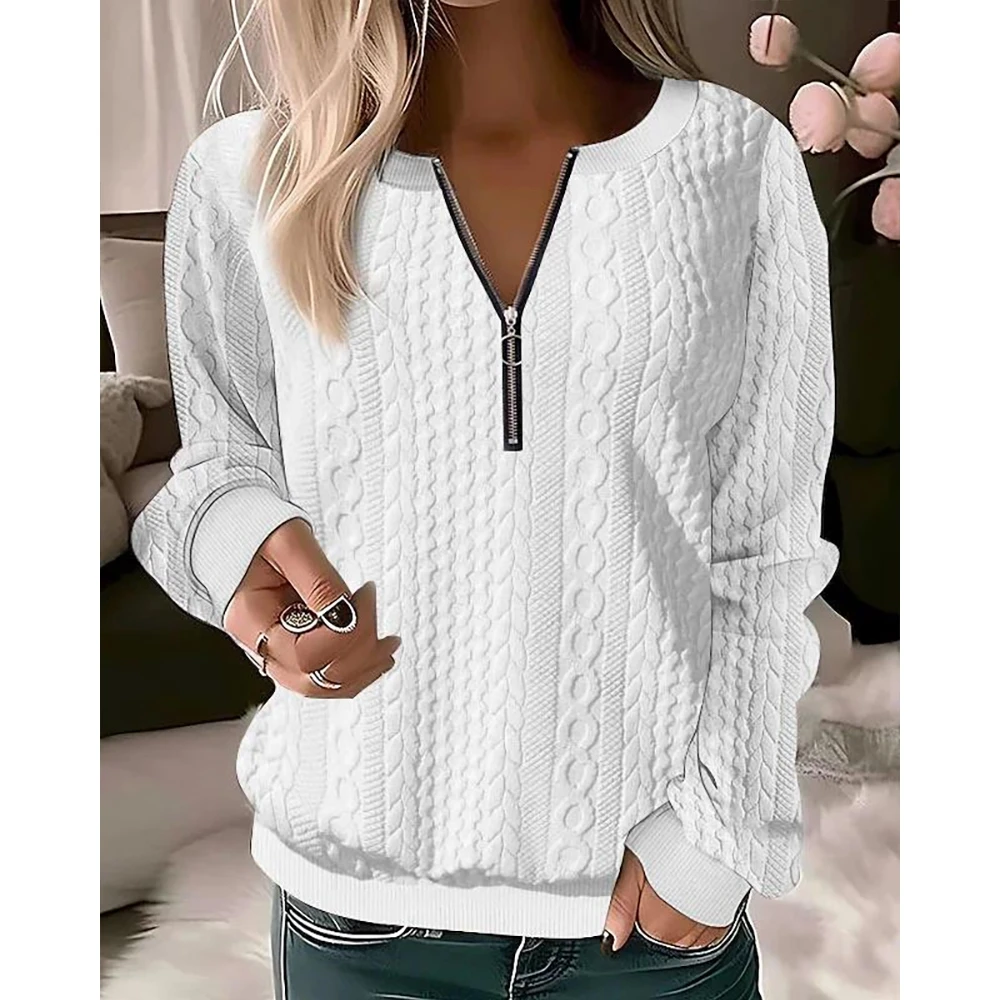 

Autumn Zipper Front Screw Thread Textured Long Sleeve T-Shirt for Women Korean Style Spring Femme O Neck Casual Sweet Tee Top