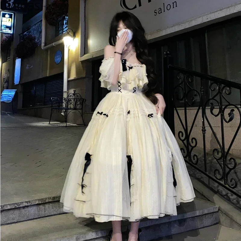 

Vintage Elegant Lolita Dress Women 2023 Sweet Bow High Waist Fairy Party Dresses Summer Cosplay Costumes French Princess Dresses