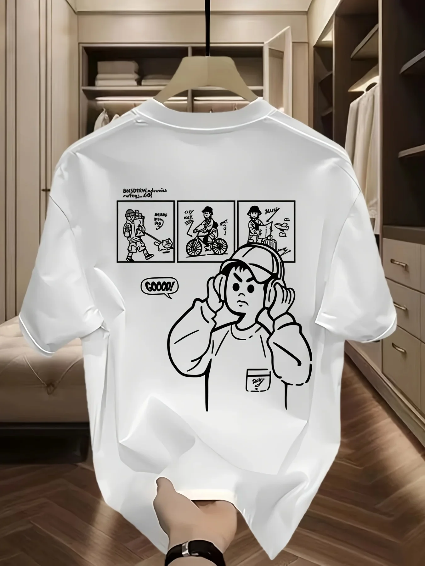 Men's Minimal Black White Oversized T Shirt Comic Strip Headphone Boy Sketch Print 100% Cotton Casual Hip Hop Summer Tee