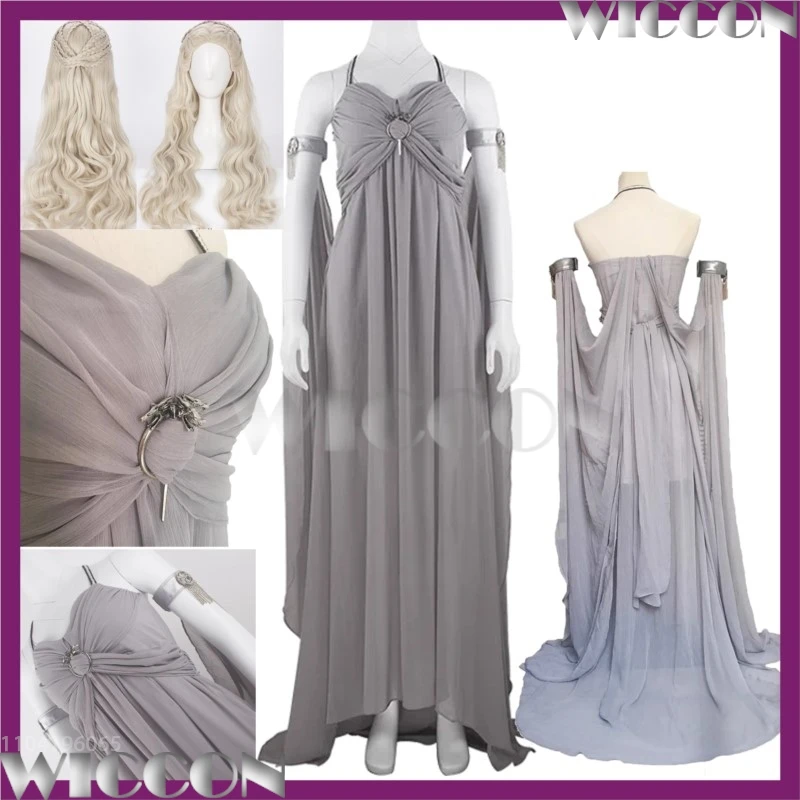 Medieval Ceremonial Dress Daenerys Woman Dragon Mother Queen Targaryen Anime Cosplay Gray Clothes Blonde Wig Halloween Roleplay