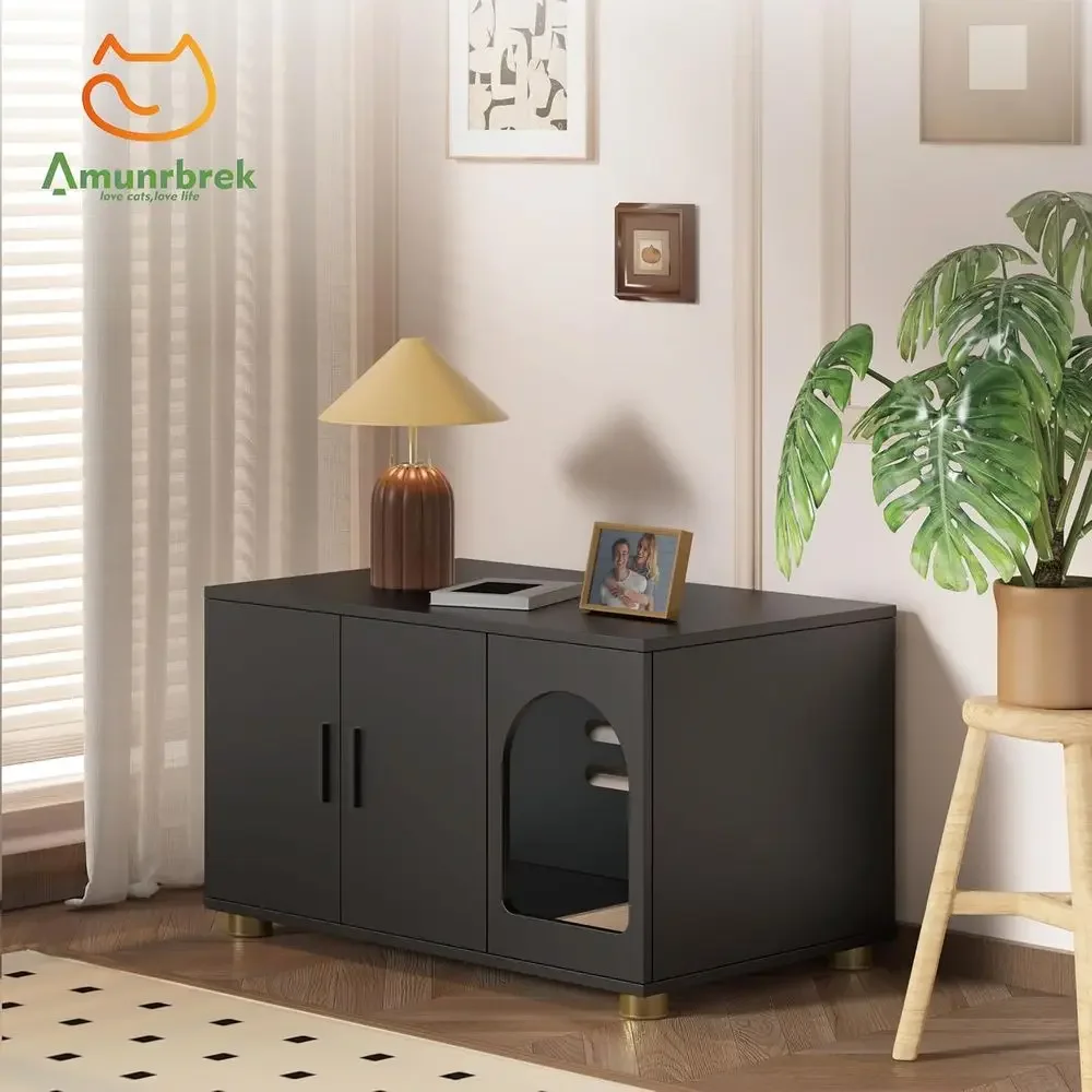 Stackable Cat Litter Box Cabinet with Scratch Mat, Side Table in Black