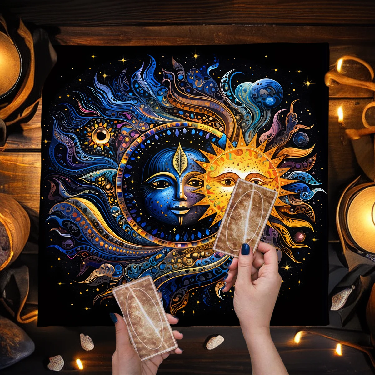 【Sun & Moon Mystic】Tarot Tablecloth, Divination Meditation Cosmic Decor Tablecloth, Stain-Resistant & Practical