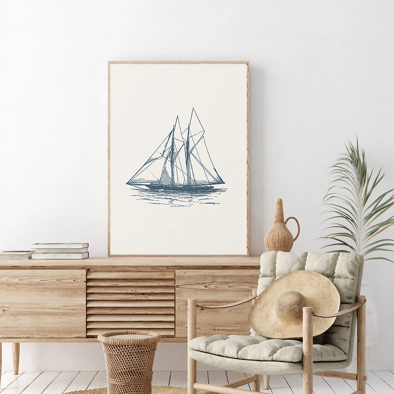 Vintage Blue Hermit Crab Octopus Sealife Poster Coastal Nautical Sailboat Wall Art Prints Canvas Painting for Beach House Decor