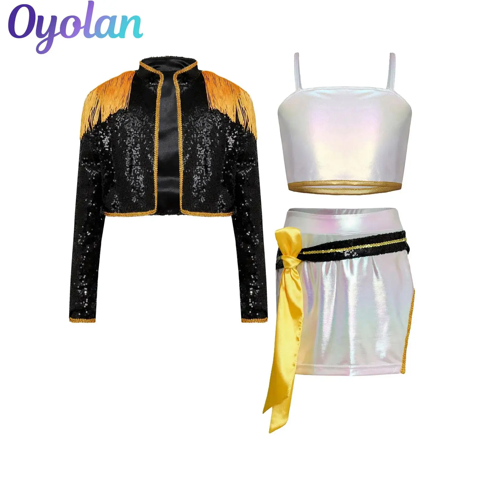 

Girls Demon Singer Hunter Halloween Costume Role Play Outfits Sparkly Sequins Tassel Outwear And Crop Top Skirt And Ribbon Set