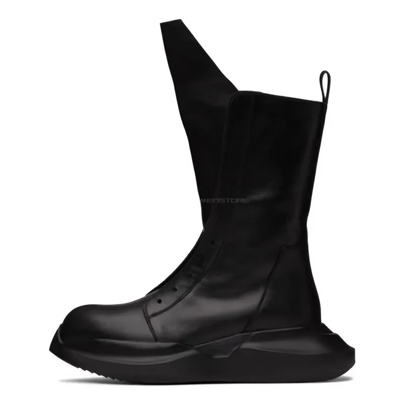 Mid Cut Short Boots for Men High Top Shoes Black Genuine Leather Thick Soled Knight Boots Men's Fashion Show Zippers Boots
