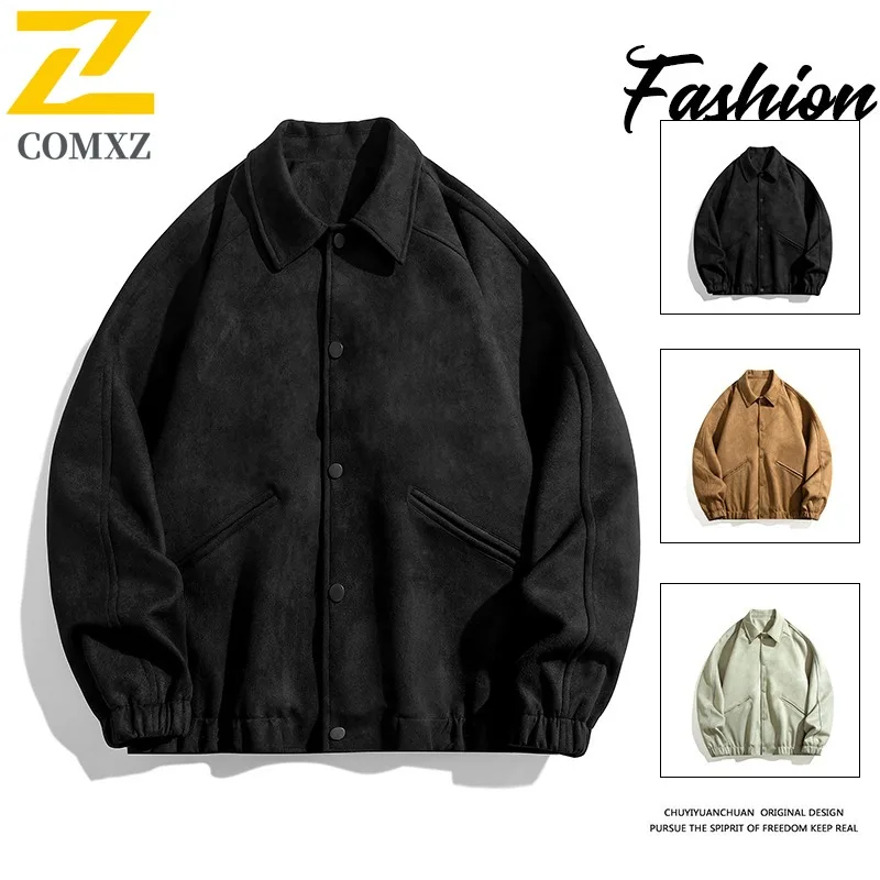 

COMXZ 2025 Мужская винтажная замшевая куртка Весеннее повседневное пальто большого размера в американском стиле High Street