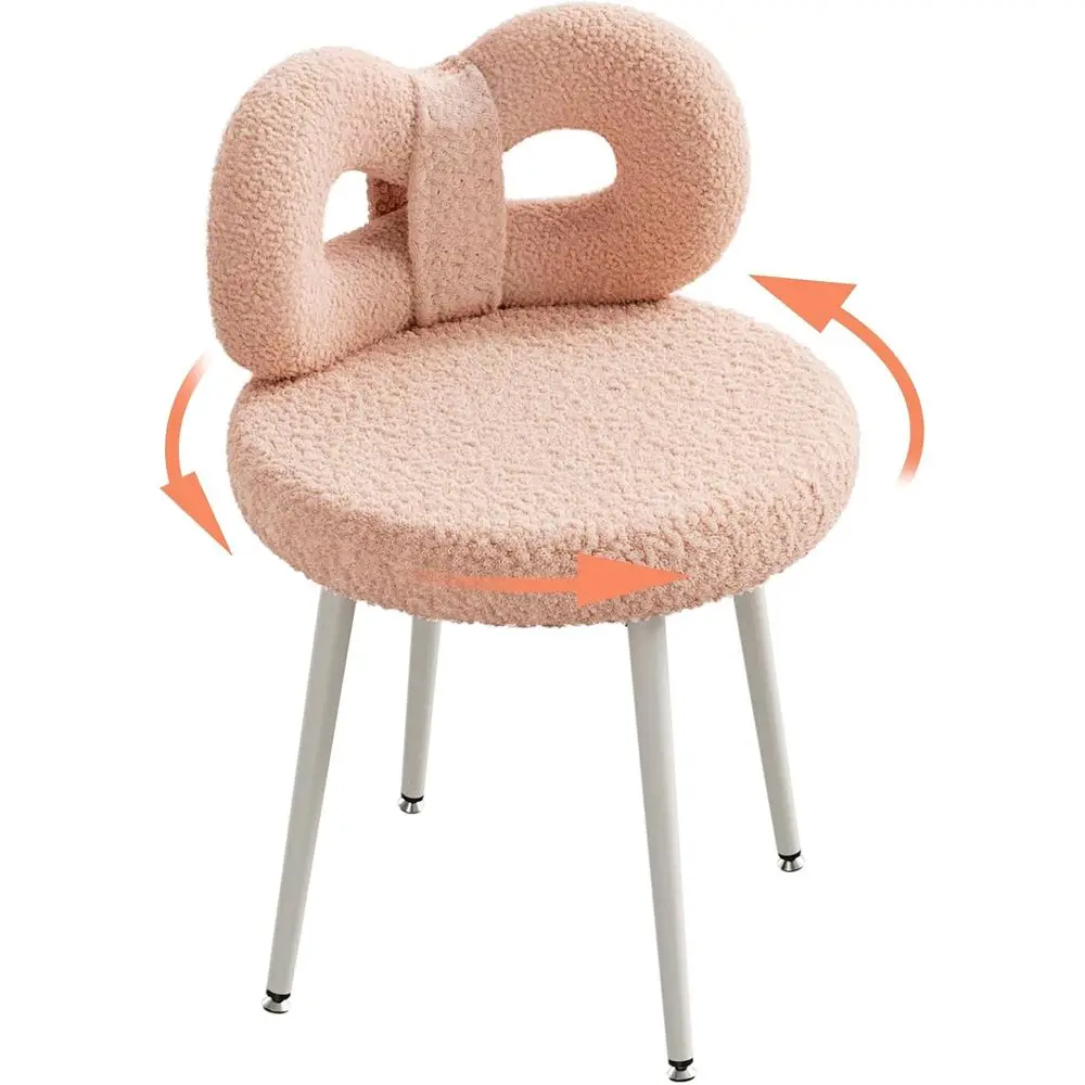 Swivel Makeup Chair with Upholstered Bow Backrest, No Wheels, Bedroom Chair