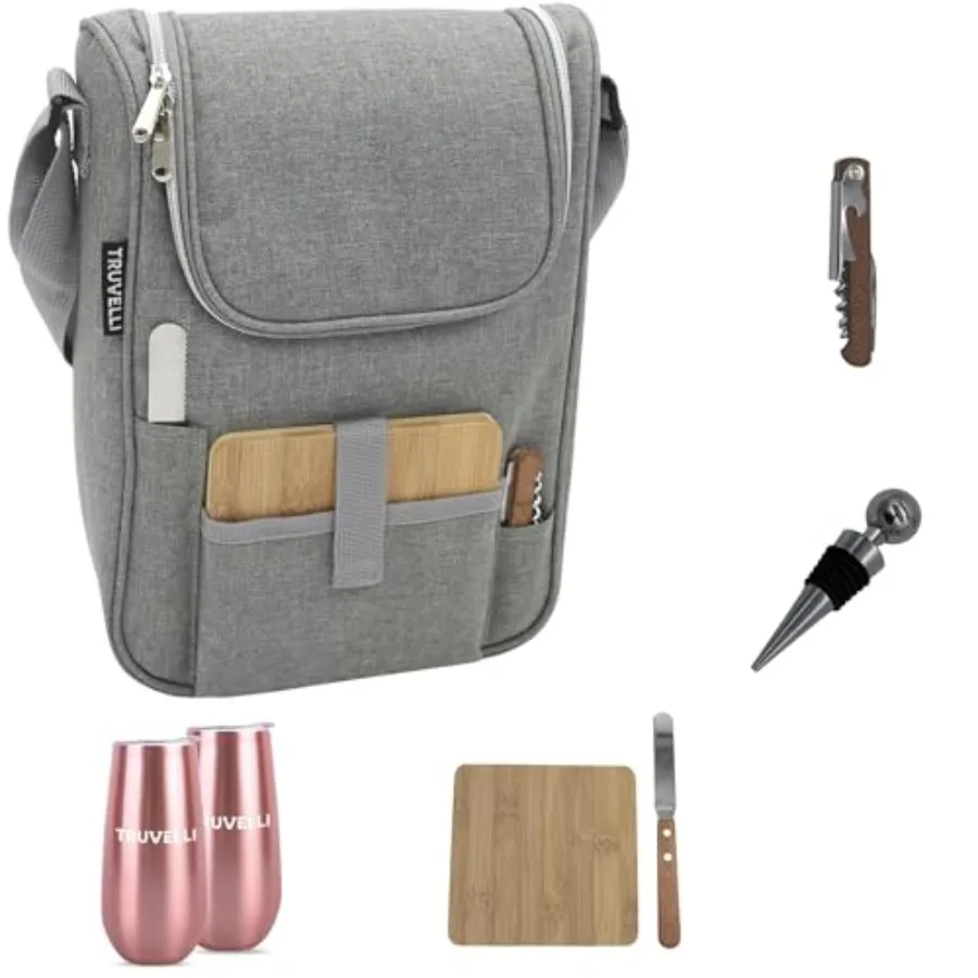 

Truvelli Insulated Wine Tote Bag: Portable 2 Bottle Cheese Waterproof Black Canvas Carrier Picnic Kit - Stopper Attachment Plus