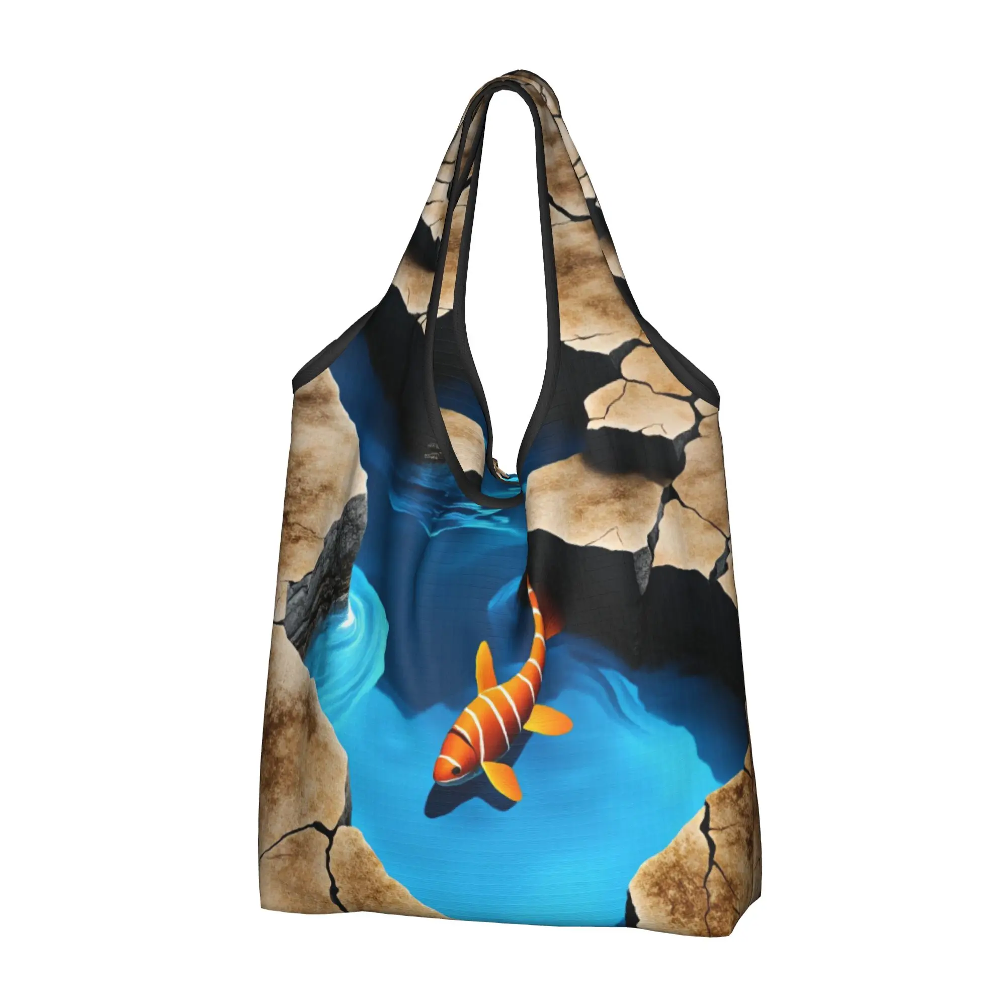 Recycling 3D Optical Illusion Clownfish in Water Vortex Area  Shopping Bag Women Tote Bag Portable  Grocery Shopper Bags
