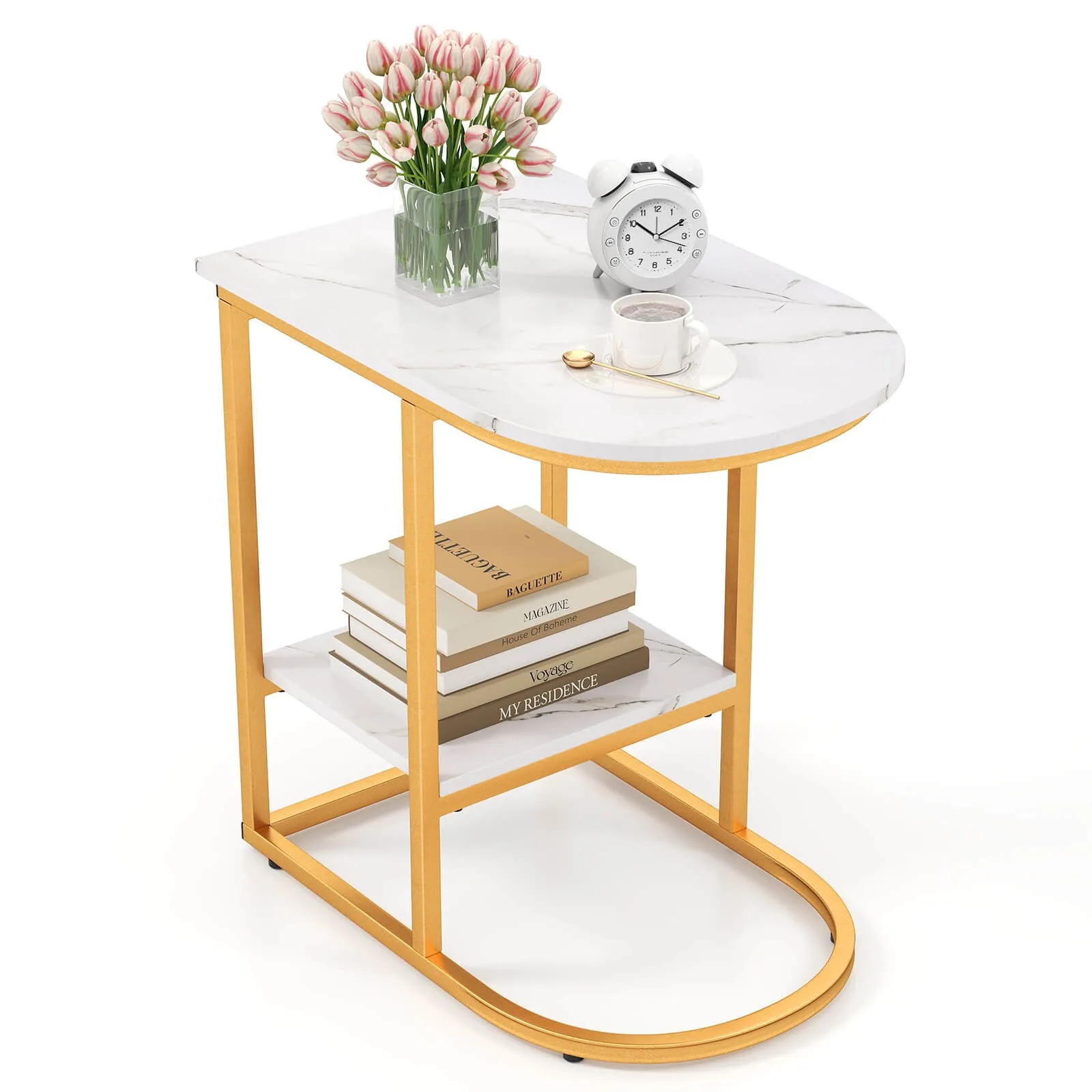 

C-Shaped Side Table Compact 2-tier Storage End Table for Small Space White