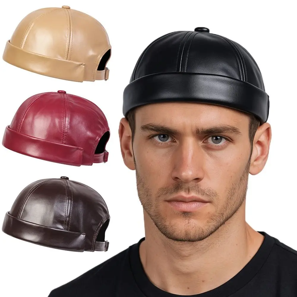 Trendy Retro Brimless Hat PU Leather Solid Color Melon Skin Caps Adjustable Landlord Hat Unisex