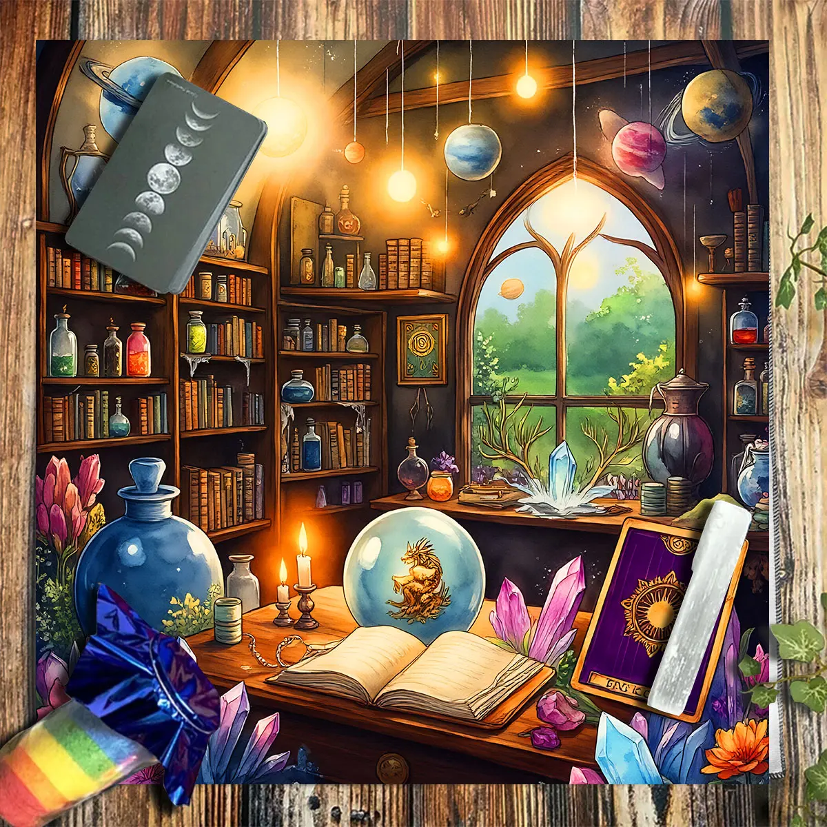 Witch Alchemy Lab Tarot Tablecloth, Magical Study Room Altar Cloth with Crystal Potion Book Design, Square Divination Mat for Ta