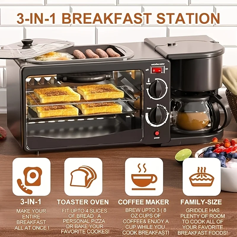 3-in-1 Multifunction Breakfast Station Center – Toaster Oven, Non-Stick Griddle & Drip Coffee Maker with Auto Shut-Off Timer – Compact All-in-One Breakfast Machine for Small Kitchens, Dorms, RVs & Apartments